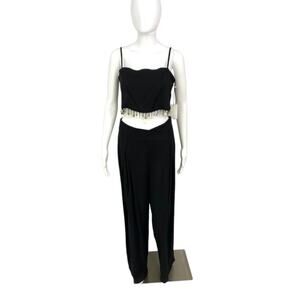 Jason Wu Black Linen Blend Mother Pearl Crop Top Pant Set Sz 2/4 NWT $425 MSRP
